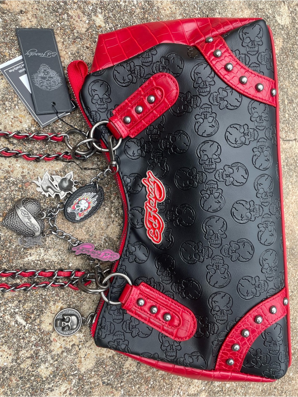Ed Hardy Black & Red Tote Chain Charms Studded Croc Look Embossed Skulls Y2K NWT - Picture 4 of 9
